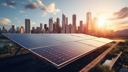 Solar panels on a rooftop with city skyline in the background