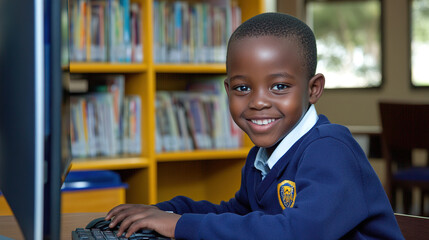 Young African student in a school uniform happily interacting with a computer at his desk, surrounded by a blue and yellow color scheme, shown in natural light with high-definition clarity.