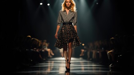 Fototapeta premium Blonde Fashion Model Showcasing Modern Outfit on Runway