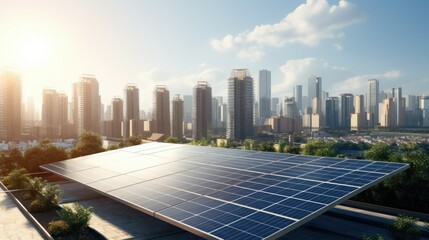 Fototapeta premium Solar panels on a rooftop with city skyline in the background