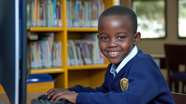 Young African student in a school uniform happily interacting with a computer at his desk, surrounded by a blue and yellow color scheme, shown in natural light with high-definition clarity.