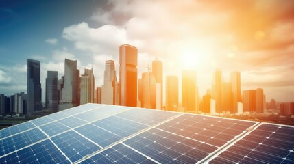 Solar panels on a rooftop with city skyline in the background