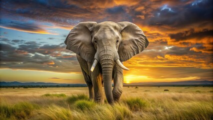 Fototapeta premium Majestic African elephant with wrinkled gray skin and tusks, curled trunk touching the ground, standing in a serene savannah landscape at sunset.