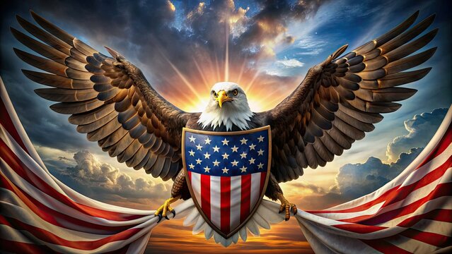 Majestic American bald eagle spreads wings, perched on a shield with thirteen stars, symbolizing freedom, power, and national pride in the United States.