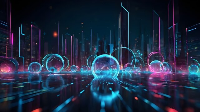 Innovation in Global Technology, Surreal Metaverse and Virtual Reality, 3D Neon Circle Concept