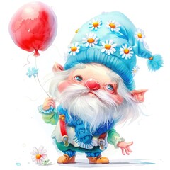 Obraz premium Funny gnome with a beard, wearing a knitted hat adorned with daisies and a blue scarf, holding a red balloon, with a white background, ideal for cheerful children's clip-art and decorations.