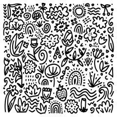 Black and White Doodle Vector Floral Pattern