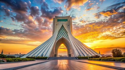 Majestic Azadi Tower stands tall in Tehran, Iran, its curved white marble facade and intricate arches glowing golden in the warm light of sunset.