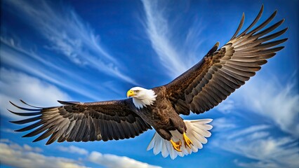 Obraz premium Majestic bald eagle soaring through a clear blue sky, wings outstretched, feathers glistening in sunlight, freedom and power embodied in its regal flight.