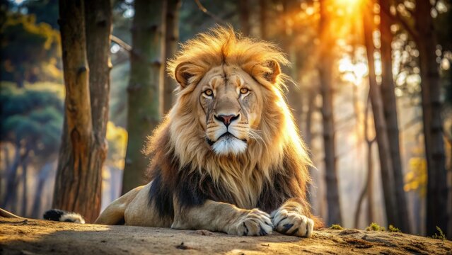 Majestic Asiatic lion with a shaggy mane and piercing eyes sits regally in a dry, sun-drenched forest, its tawny fur blending with the surroundings.