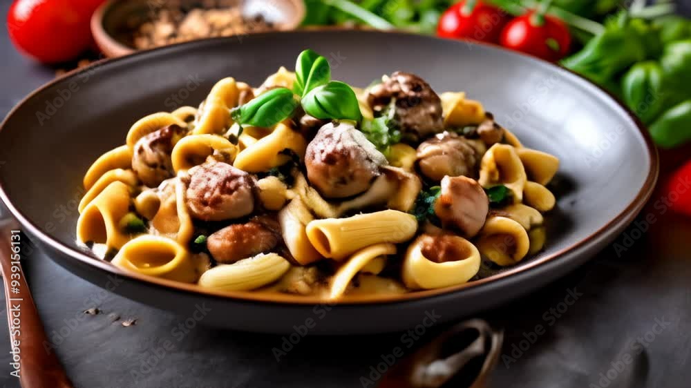 Sticker  Delicious pasta dish with meatballs and fresh herbs ready to be savored