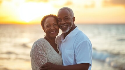 Obraz premium Elderly Black couple sharing smiles and love by the shoreline