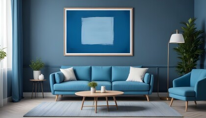 Interior mockup In a white room a blue sofa is placed next to a photo frame on the wall