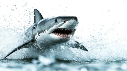 Fototapeta premium Shark captured in close-up as it bursts out of the water, with a crisp white background for emphasis