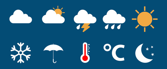 Modern weather icons set. Flat vector symbols on blue background.