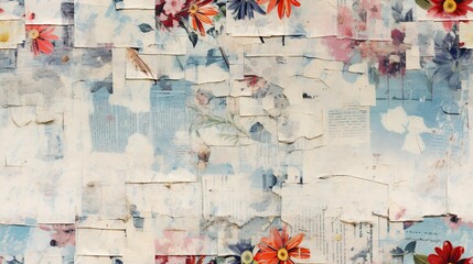 Vintage floral collage with torn paper textures, layered backgrounds, and faded text. Retro, artistic, nostalgic, and shabby chic design.