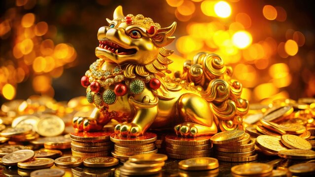 Majestic golden Pixiu, a mythical Chinese creature, sits proudly on a pile of coins, treasures, and jewels, symbolizing wealth and good fortune.