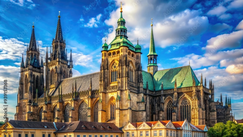 Wall mural Majestic Gothic St. Vitus Cathedral rises above Prague's historic center, its intricate stone façade and soaring spires set against a vibrant blue sky backdrop.