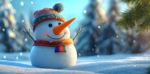 Fototapeta premium Happy snowman wearing a scarf and hat outside in the snow 3d cartoon illustration