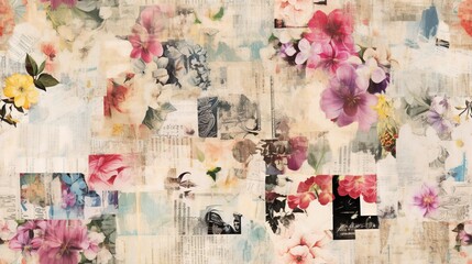Fototapeta premium Vintage collage background with torn paper pieces, floral elements, and faded text. Retro-inspired, textured, grunge aesthetic for artistic designs.