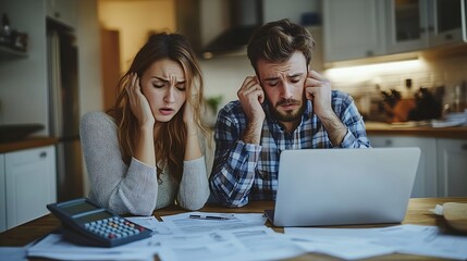 Young stressed Caucasian couple facing financials troubles sitting at kitchen table with papers calculator and laptop computer and reading document from bank looking frustrated and unh : Generative AI