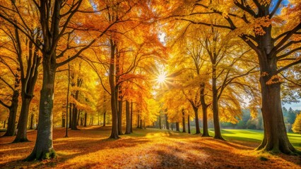 Fototapeta premium Majestic golden trees with vibrant autumn foliage stand tall amidst a serene landscape, warm sunlight casting dappled shadows on the lush green forest floor.