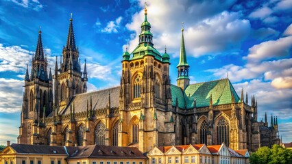 Obraz premium Majestic Gothic St. Vitus Cathedral rises above Prague's historic center, its intricate stone façade and soaring spires set against a vibrant blue sky backdrop.