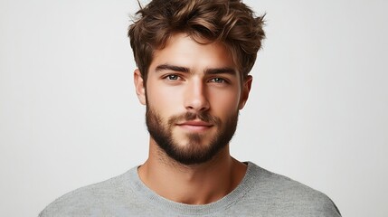 Fototapeta premium Isolated shot of young handsome male with beard mustache and trendy hairdo wears casual grey sweater has serious expression as listens to interlocutor poses in studio against white bac : Generative AI