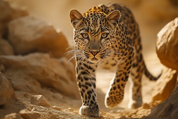 Arabian leopard is a beautiful but critically endangered cat. It's the smallest leopard subspecies, with stunning spotted fur ranging from pale yellow to tawny. Generative ai