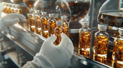 Obraz premium A gloved hand reaches for a vial of liquid medicine on a sterile metal shelf.
