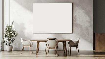 A modern dining room with a blank banner on wall and minimalist aesthetic.