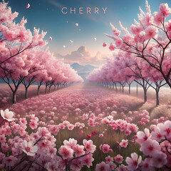 a field of pink flowers with the word cherry on th