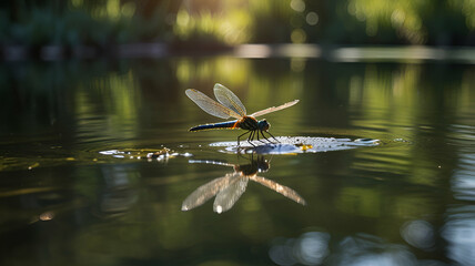 A dragonfly hovering over a tranquil pond, its wings catching the sunlight. Background