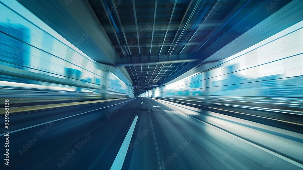 Poster Highway overpass motion blur effect with modern city background : Generative AI