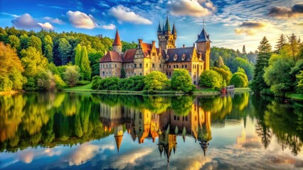 Obraz premium Majestic medieval kingdom castle with tall spires and towers surrounded by lush green forest and a serene lake reflecting the majestic architecture.