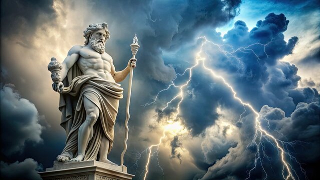 Majestic marble statue of powerful Jupiter, king of gods, standing atop a cloud, lightning bolt in hand, surrounded by intricate ancient Roman architectural elements.