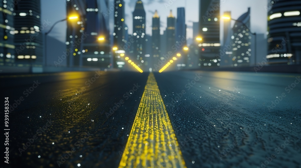 Poster empty road with panoramic cityscape : generative ai