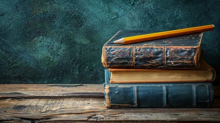 Stack of books and pencil on tabletop with empty area for writing