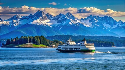 Majestic Olympic Mountains loom in the background as a ferry vessel navigates through the sparkling waters of Puget Sound on a sunny day.