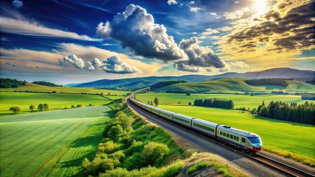 Majestic passenger train speeds through a serene landscape, casting a gentle shadow on the lush green fields beneath a vast, cloud-speckled blue sky.