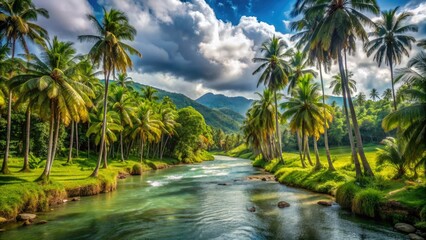 Obraz premium Majestic river flowing through lush greenery and towering palm trees in a serene Colombian landscape, capturing tropical tranquility and natural beauty.