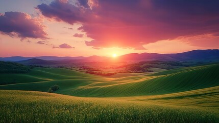 Serene sunset on rolling hills depicted in high-definition for calming and picturesque background images