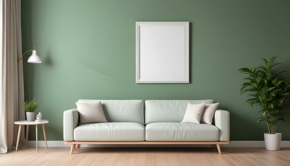 Interior mockup In a white room a blue sofa is placed next to a photo frame on the wall