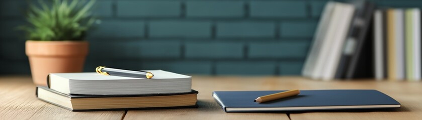 A stack of books and pencil on a table.