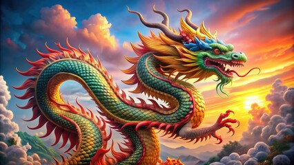 Fototapeta premium Majestic Traditional Chinese Dragon With Intricate Scales And Vibrant Colors, Depicted In A Dynamic Pose.