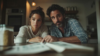 Fototapeta premium Unhappy American couple managing home accounts in kitchen trying to save some money by cutting family expenses Finances bankruptcy taxes money accounting and financial problems concept : Generative AI