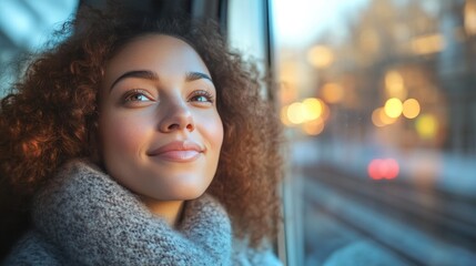 Happy Woman Embracing the View from Her Urban Train Window