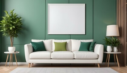 Interior mockup In a white room a blue sofa is placed next to a photo frame on the wall