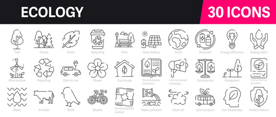 Ecology Outline Vector Icon Collection. A set of outline icons related to Nature, Environment, Recycle, Eco, green energy, eco-friendly and more. Editable stroke. Vector illustration