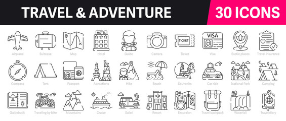 Travel and Adventure Outline Vector Icon Collection. A set of outline icons related to summer vacation, tourism, hotel, airplane, trip, passport, camping and more. Editable stroke. Vector illustration